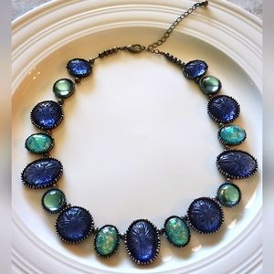 Avon pewter faux opal blue glass necklace Signed